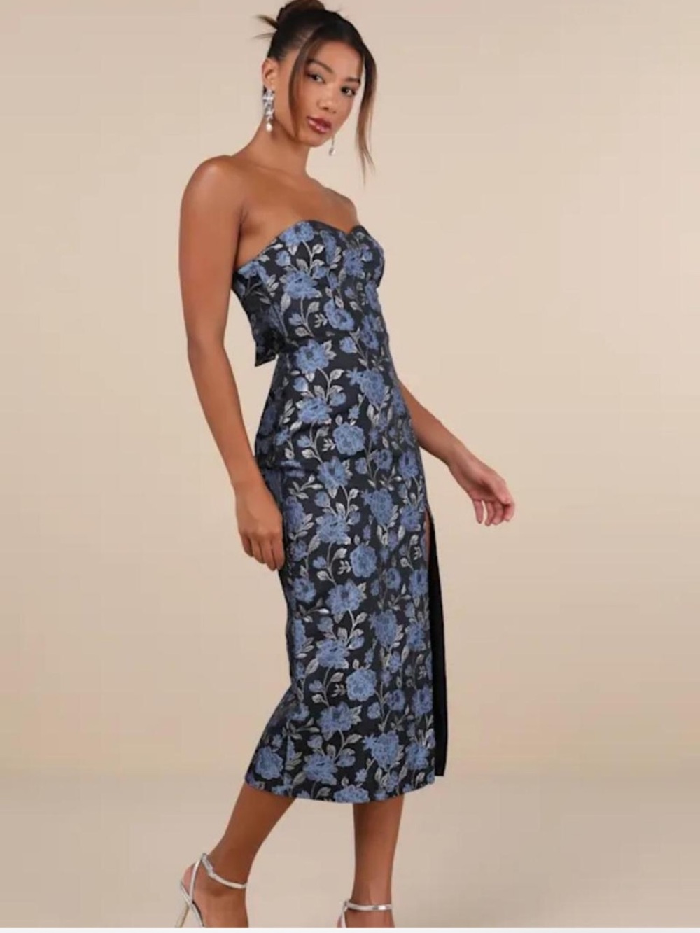 Lulus Beloved Belle Black Multi Jacquard Strapless Bow Midi